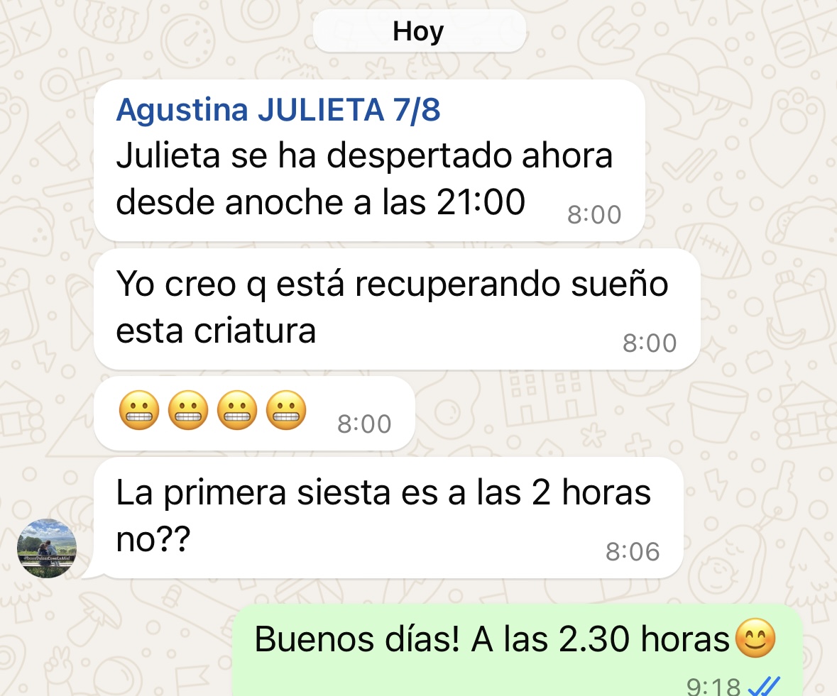 Reseña de WhatsApp de Agustina sobre Julieta durmiendo mejor