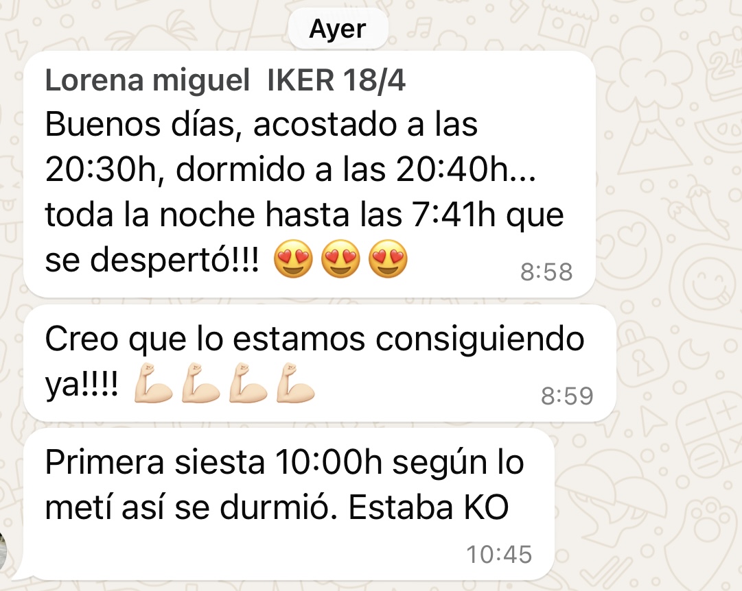 Reseña de WhatsApp de Lorena sobre Iker durmiendo toda la noche